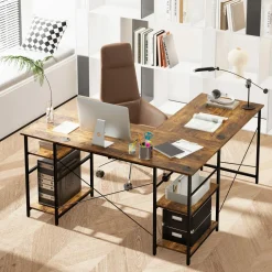 Tangkula L Shaped Office Desk with Storage Shelves, Wooden Industrial L Shaped Corner Desk