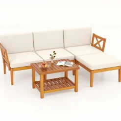 Tangkula L Shaped Outdoor Furniture Set, 5 Pieces Acacia Wood Patio Conversation Set for Garden, Backyard, Poolside (Off White)