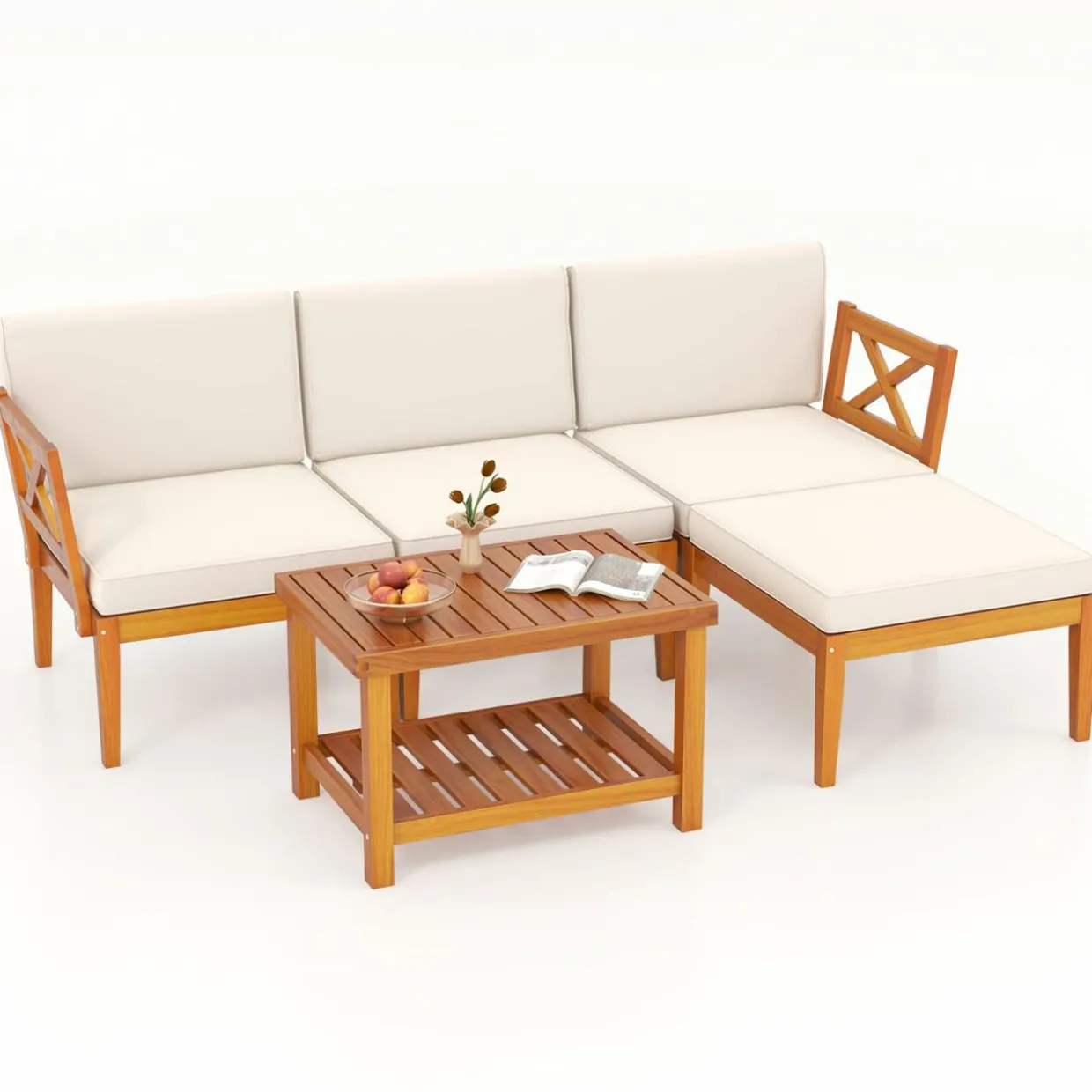 Tangkula L Shaped Outdoor Furniture Set, 5 Pieces Acacia Wood Patio Conversation Set for Garden, Backyard, Poolside (Off White)