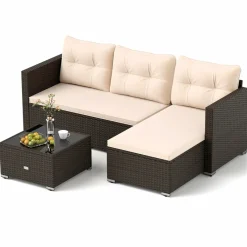Tangkula L Shaped Outdoor Patio Furniture Set, with Cushions and Tempered Glass Coffee Table