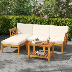 Tangkula L Shaped Outdoor Furniture Set, 5 Pieces Acacia Wood Patio Conversation Set for Garden, Backyard, Poolside (Off White)