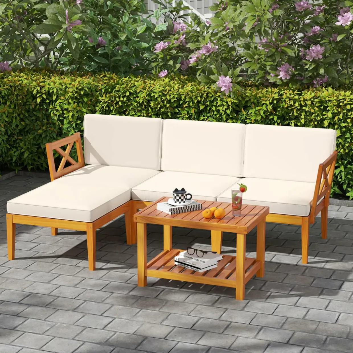 Tangkula L Shaped Outdoor Furniture Set, 5 Pieces Acacia Wood Patio Conversation Set for Garden, Backyard, Poolside (Off White)