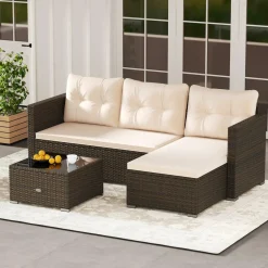 Tangkula L Shaped Outdoor Patio Furniture Set, with Cushions and Tempered Glass Coffee Table