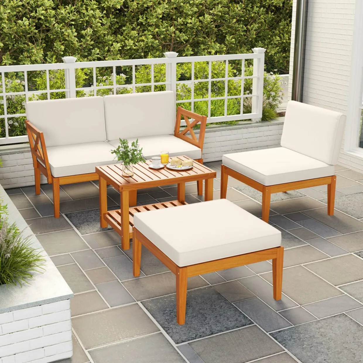 Tangkula L Shaped Outdoor Furniture Set, 5 Pieces Acacia Wood Patio Conversation Set for Garden, Backyard, Poolside (Off White)