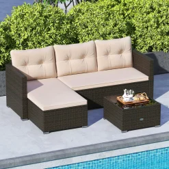 Tangkula L Shaped Outdoor Patio Furniture Set, with Cushions and Tempered Glass Coffee Table