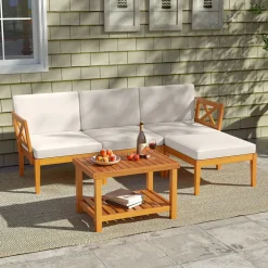 Tangkula L Shaped Outdoor Furniture Set, 5 Pieces Acacia Wood Patio Conversation Set for Garden, Backyard, Poolside (Off White)