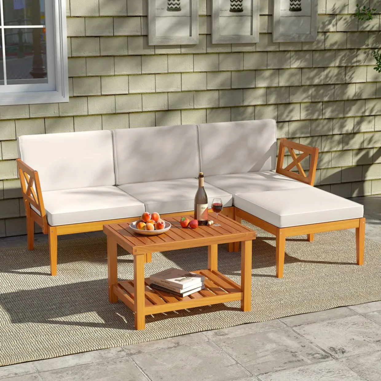 Tangkula L Shaped Outdoor Furniture Set, 5 Pieces Acacia Wood Patio Conversation Set for Garden, Backyard, Poolside (Off White)