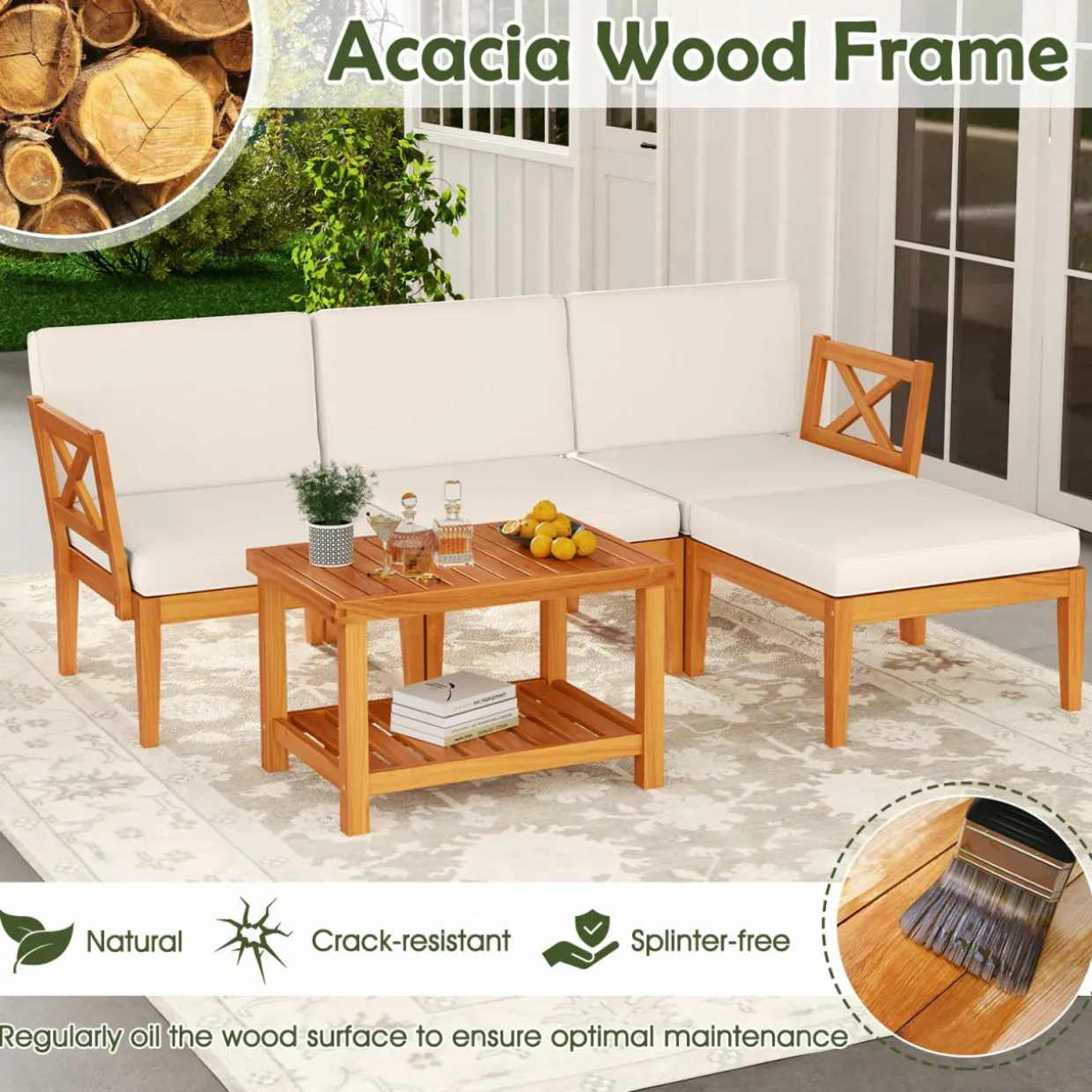 Tangkula L Shaped Outdoor Furniture Set, 5 Pieces Acacia Wood Patio Conversation Set for Garden, Backyard, Poolside (Off White)