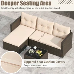 Tangkula L Shaped Outdoor Patio Furniture Set, with Cushions and Tempered Glass Coffee Table