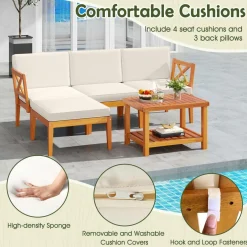 Tangkula L Shaped Outdoor Furniture Set, 5 Pieces Acacia Wood Patio Conversation Set for Garden, Backyard, Poolside (Off White)