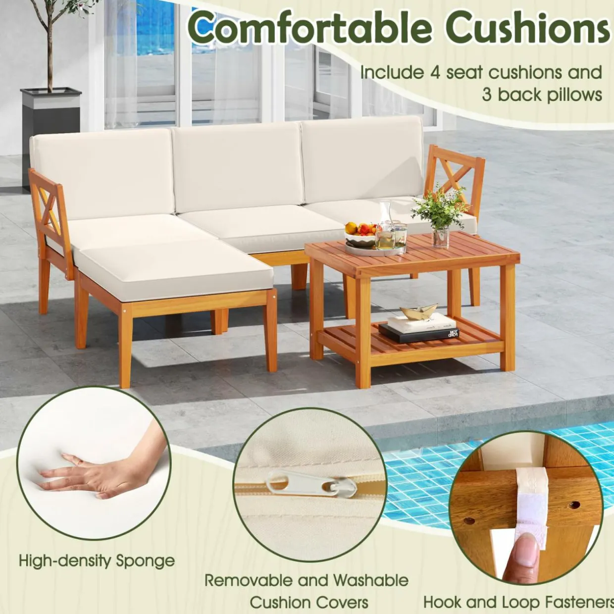 Tangkula L Shaped Outdoor Furniture Set, 5 Pieces Acacia Wood Patio Conversation Set for Garden, Backyard, Poolside (Off White)