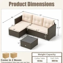 Tangkula L Shaped Outdoor Patio Furniture Set, with Cushions and Tempered Glass Coffee Table