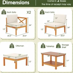 Tangkula L Shaped Outdoor Furniture Set, 5 Pieces Acacia Wood Patio Conversation Set for Garden, Backyard, Poolside (Off White)