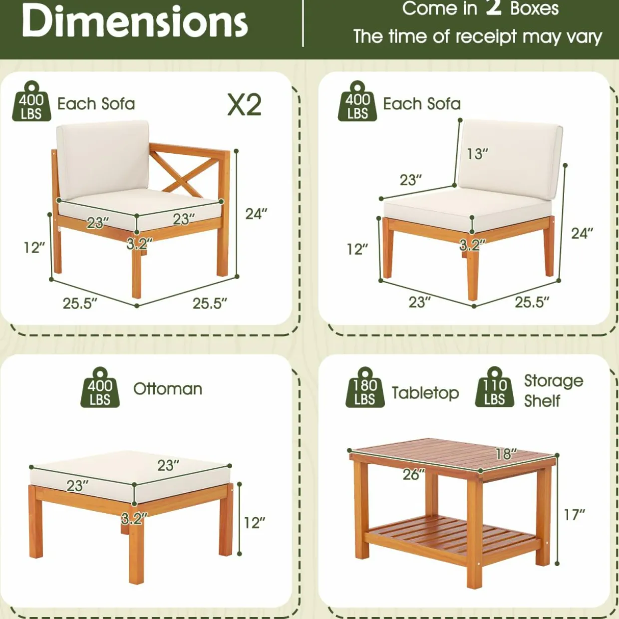 Tangkula L Shaped Outdoor Furniture Set, 5 Pieces Acacia Wood Patio Conversation Set for Garden, Backyard, Poolside (Off White)