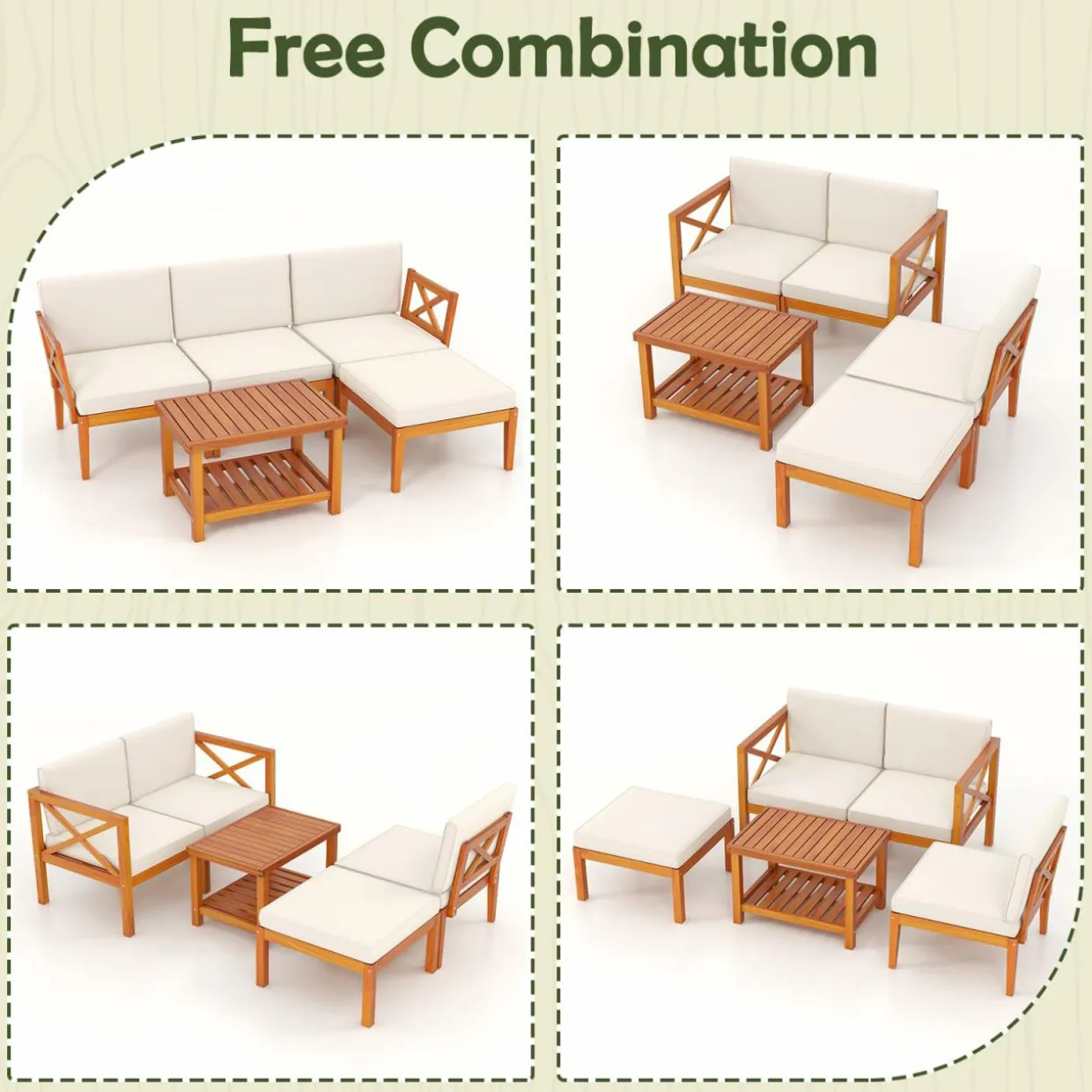 Tangkula L Shaped Outdoor Furniture Set, 5 Pieces Acacia Wood Patio Conversation Set for Garden, Backyard, Poolside (Off White)
