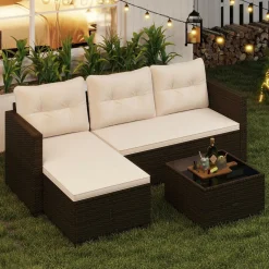 Tangkula L Shaped Outdoor Patio Furniture Set, with Cushions and Tempered Glass Coffee Table