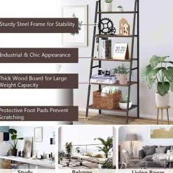 Tangkula Ladder Shelf, 5 Tier Industrial Bookcase, Multifunctional Display Bookshelf