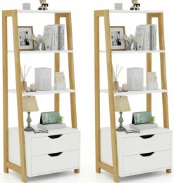 Tangkula Ladder Shelf Bookcase, Free Standing 4-Tier Bookshelf with 2 Storage Drawers