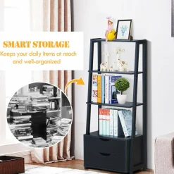 Tangkula Ladder Shelf Bookcase, Free Standing 4-Tier Bookshelf with 2 Storage Drawers