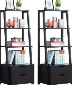 Tangkula Ladder Shelf Bookcase, Free Standing 4-Tier Bookshelf with 2 Storage Drawers
