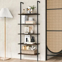 Tangkula Ladder Shelf, 5-Tier Industrial Ladder Bookshelf, Wall Mounted Tall 5-Shelf Modern Bookcase Open Display Shelf with Steel Frame