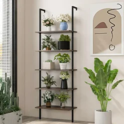 Tangkula Ladder Shelf, 5-Tier Industrial Ladder Bookshelf, Wall Mounted Tall 5-Shelf Modern Bookcase Open Display Shelf with Steel Frame
