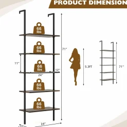 Tangkula Ladder Shelf, 5-Tier Industrial Ladder Bookshelf, Wall Mounted Tall 5-Shelf Modern Bookcase Open Display Shelf with Steel Frame