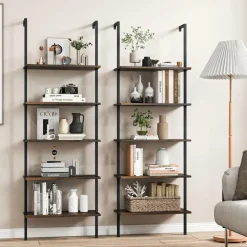 Tangkula Ladder Shelf, 5-Tier Industrial Ladder Bookshelf, Wall Mounted Tall 5-Shelf Modern Bookcase Open Display Shelf with Steel Frame