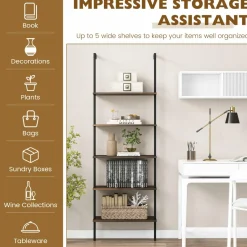 Tangkula Ladder Shelf, 5-Tier Industrial Ladder Bookshelf, Wall Mounted Tall 5-Shelf Modern Bookcase Open Display Shelf with Steel Frame