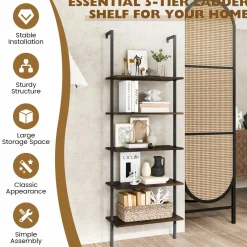 Tangkula Ladder Shelf, 5-Tier Industrial Ladder Bookshelf, Wall Mounted Tall 5-Shelf Modern Bookcase Open Display Shelf with Steel Frame