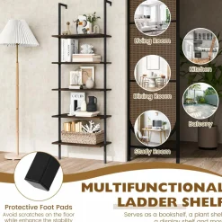 Tangkula Ladder Shelf, 5-Tier Industrial Ladder Bookshelf, Wall Mounted Tall 5-Shelf Modern Bookcase Open Display Shelf with Steel Frame