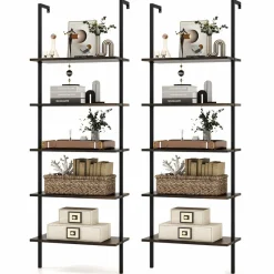Tangkula Ladder Shelf, 5-Tier Industrial Ladder Bookshelf, Wall Mounted Tall 5-Shelf Modern Bookcase Open Display Shelf with Steel Frame