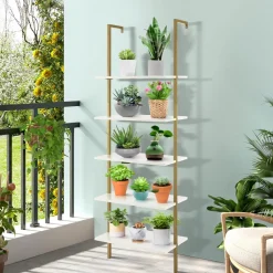 Tangkula Ladder Shelf, 5-Tier Industrial Ladder Bookshelf, Wall Mounted Tall 5-Shelf Modern Bookcase Open Display Shelf with Steel Frame