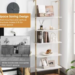 Tangkula Ladder Shelf, 5-Tier Industrial Ladder Bookshelf, Wall Mounted Tall 5-Shelf Modern Bookcase Open Display Shelf with Steel Frame