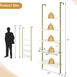 Tangkula Ladder Shelf, 5-Tier Industrial Ladder Bookshelf, Wall Mounted Tall 5-Shelf Modern Bookcase Open Display Shelf with Steel Frame