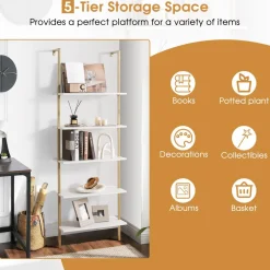 Tangkula Ladder Shelf, 5-Tier Industrial Ladder Bookshelf, Wall Mounted Tall 5-Shelf Modern Bookcase Open Display Shelf with Steel Frame