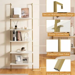 Tangkula Ladder Shelf, 5-Tier Industrial Ladder Bookshelf, Wall Mounted Tall 5-Shelf Modern Bookcase Open Display Shelf with Steel Frame