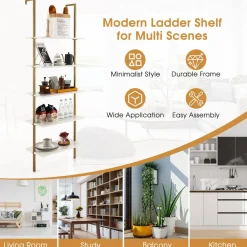 Tangkula Ladder Shelf, 5-Tier Industrial Ladder Bookshelf, Wall Mounted Tall 5-Shelf Modern Bookcase Open Display Shelf with Steel Frame