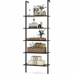 Tangkula Ladder Shelf, 5-Tier Industrial Ladder Bookshelf, Wall Mounted Tall 5-Shelf Modern Bookcase Open Display Shelf with Steel Frame