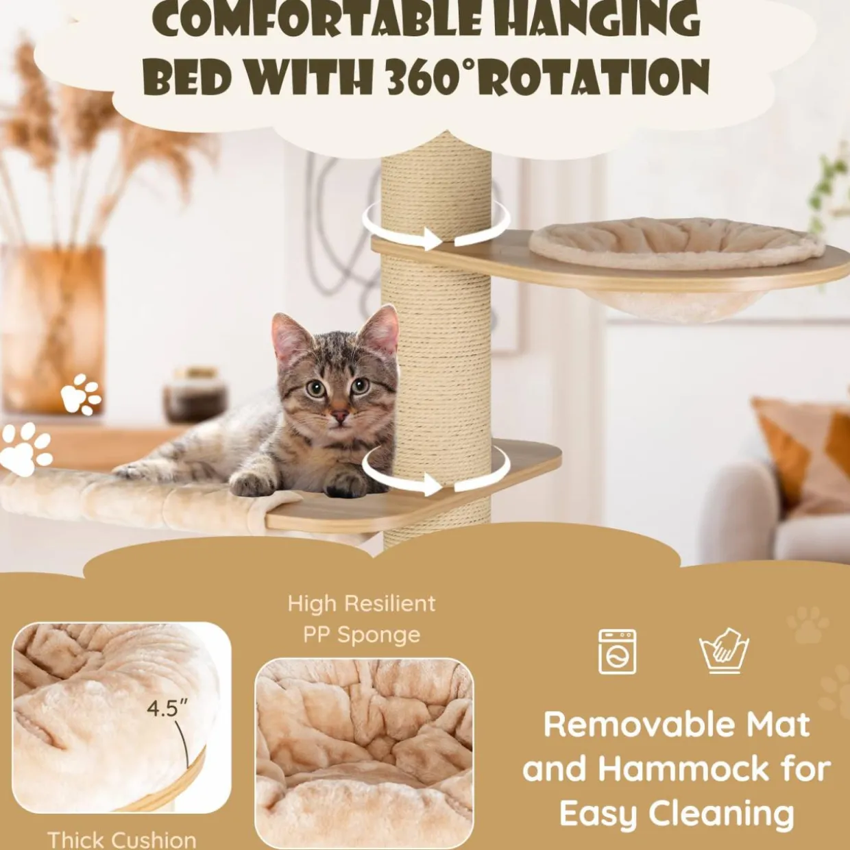 Tangkula Large Cat Tree Tower, Multi-Level Tall Cat Tree with Sisal Posts, Hammocks & Hanging Basket for Indoor Large Cats