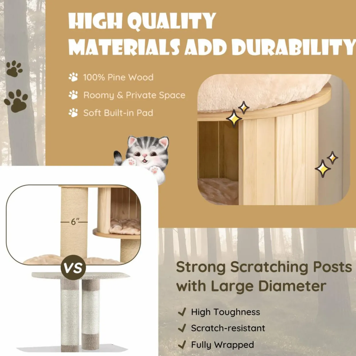 Tangkula Large Cat Tree Tower, Multi-Level Tall Cat Tree with Sisal Posts, Hammocks & Hanging Basket for Indoor Large Cats