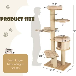Tangkula Large Cat Tree Tower, Multi-Level Tall Cat Tree with Sisal Posts, Hammocks & Hanging Basket for Indoor Large Cats