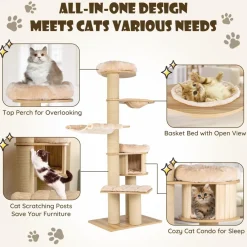 Tangkula Large Cat Tree Tower, Multi-Level Tall Cat Tree with Sisal Posts, Hammocks & Hanging Basket for Indoor Large Cats