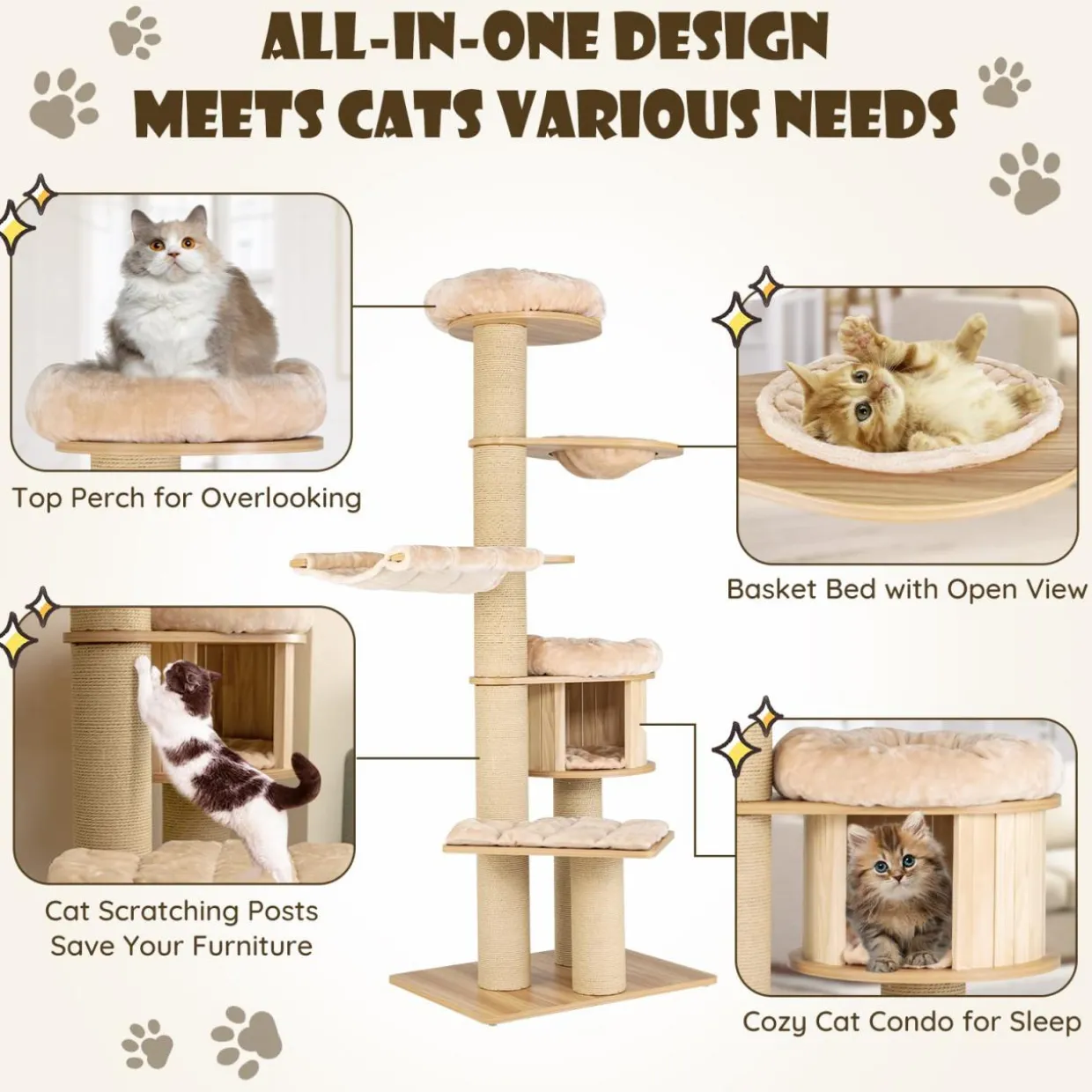 Tangkula Large Cat Tree Tower, Multi-Level Tall Cat Tree with Sisal Posts, Hammocks & Hanging Basket for Indoor Large Cats