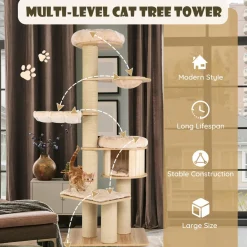 Tangkula Large Cat Tree Tower, Multi-Level Tall Cat Tree with Sisal Posts, Hammocks & Hanging Basket for Indoor Large Cats