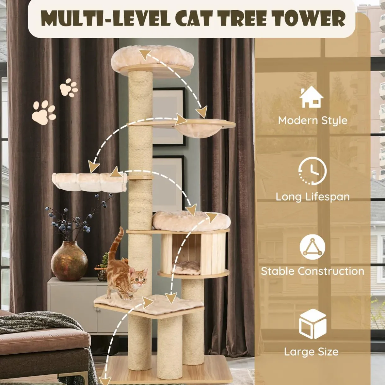 Tangkula Large Cat Tree Tower, Multi-Level Tall Cat Tree with Sisal Posts, Hammocks & Hanging Basket for Indoor Large Cats