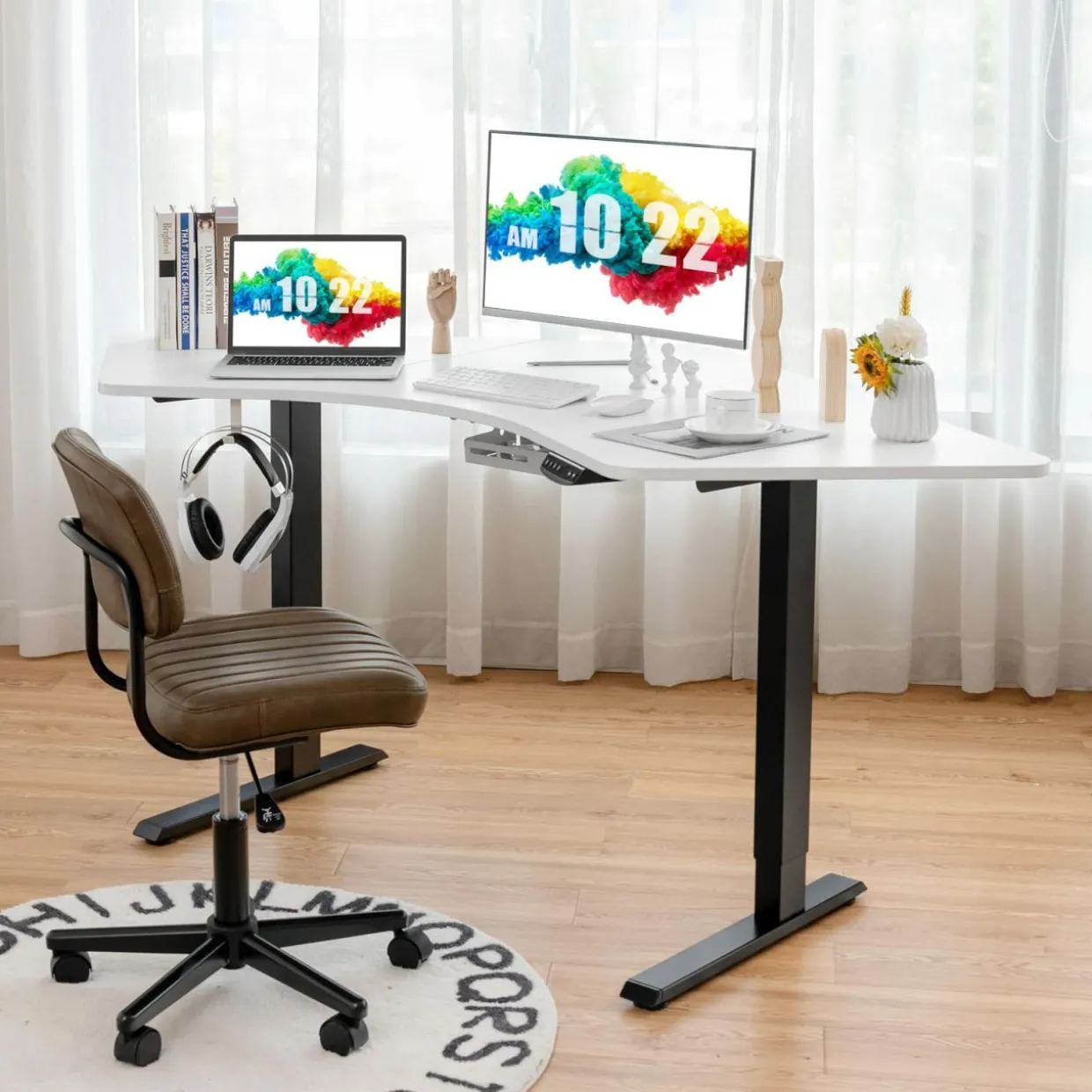 Tangkula Large L Shaped Dual Motor Standing Desk, 72" Electric Height Adjustable Stand Up Desk with 3 Memory Positions