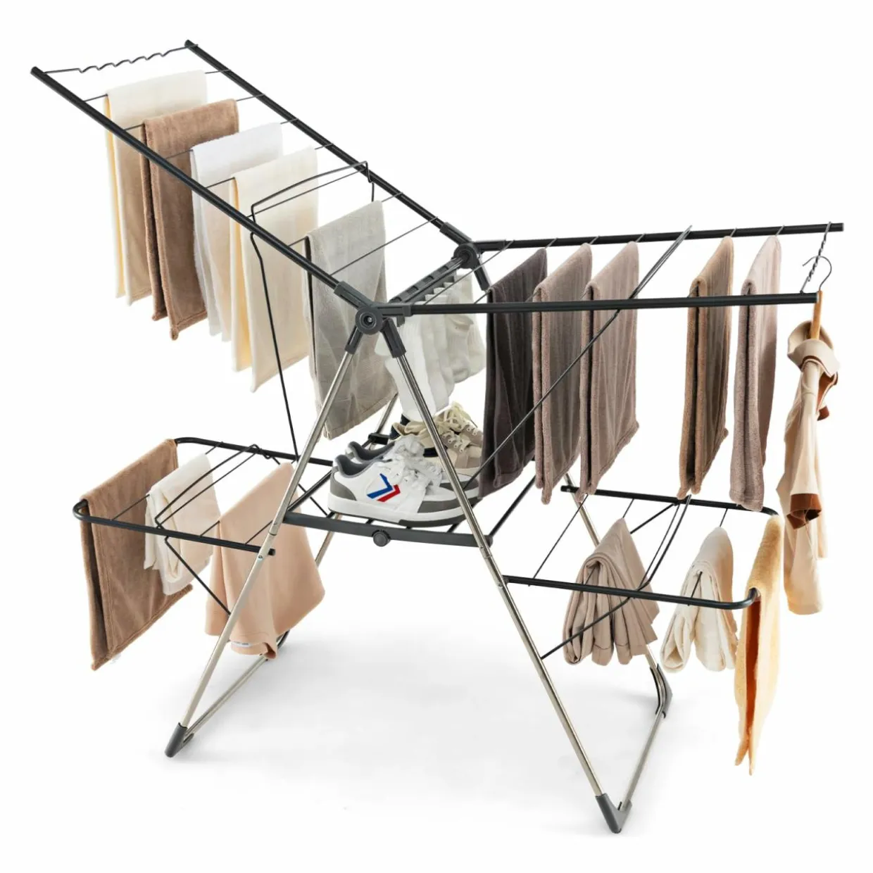 Tangkula Laundry Drying Rack, Foldable Clothes Drying Rack with Height Adjustable Wings, 33 Drying Rails & Sock Clips