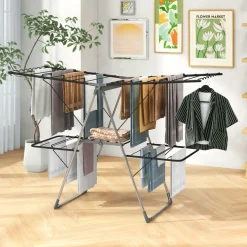 Tangkula Laundry Drying Rack, Foldable Clothes Drying Rack with Height Adjustable Wings, 33 Drying Rails & Sock Clips