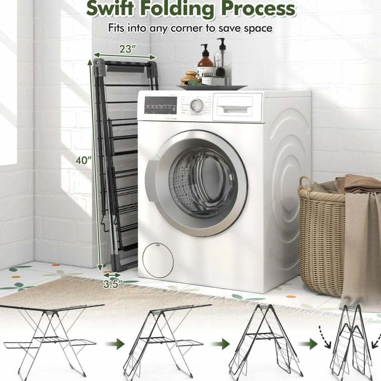 Tangkula Laundry Drying Rack, Foldable Clothes Drying Rack with Height Adjustable Wings, 33 Drying Rails & Sock Clips